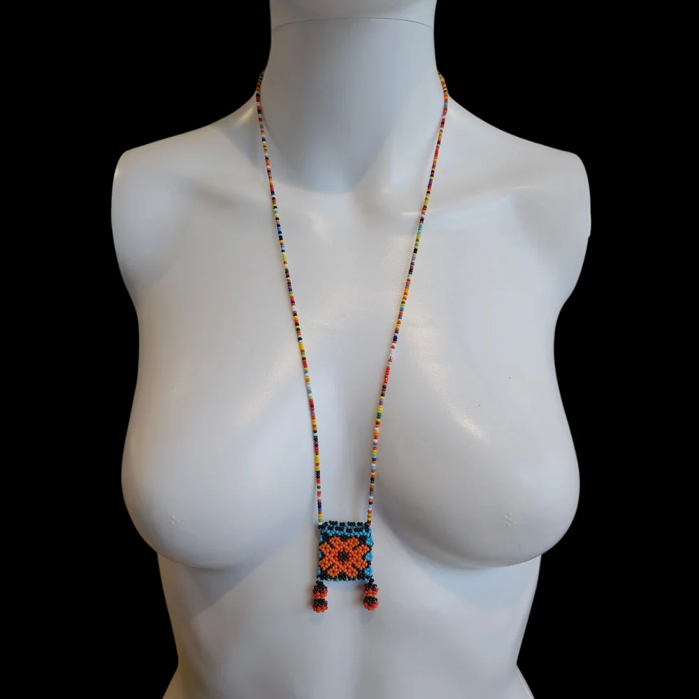 NWT - Colorful Handmade Beaded Necklace with Floral Medicine Pouch